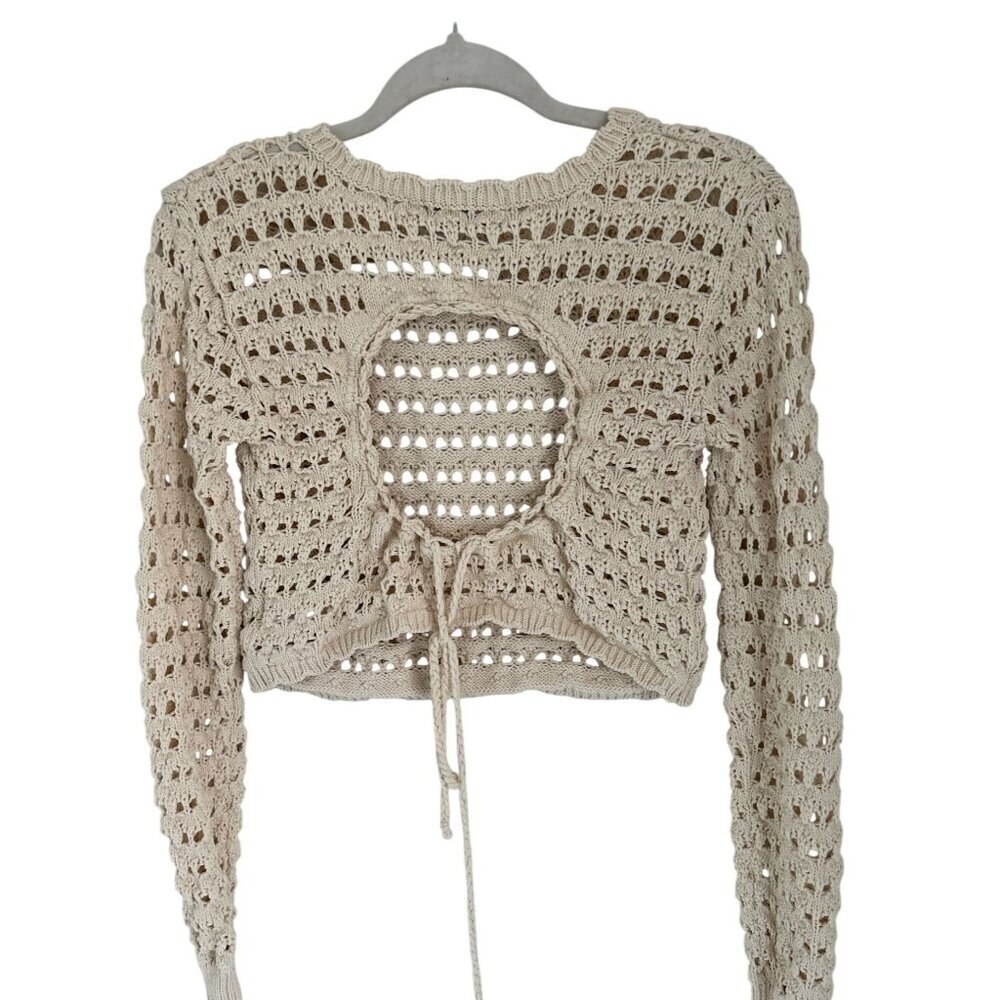 Free People Beach Crop Top Crochet Knit Open Back & Adjustable Tie Beige Long Sl